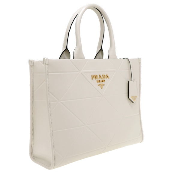 Prada Symbole Medium Tote With Topstitching White Leather 1BA378 New - Picture 2 of 7